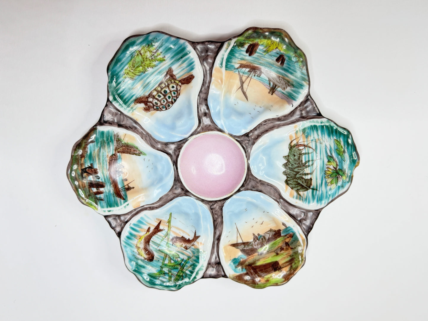 Antique Oyster Plate Hand Painted Boat Coral Seascape 6 Well Raised Shell A658