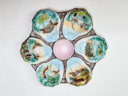 Antique Oyster Plate Hand Painted Boat Coral Seascape 6 Well Raised Shell A658