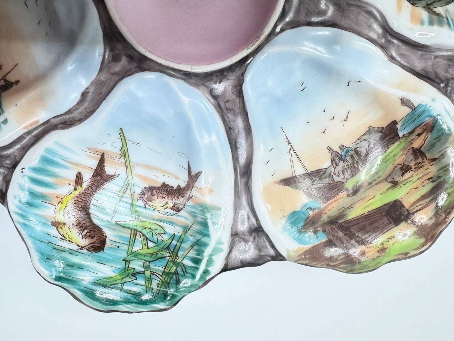 Antique Oyster Plate Hand Painted Boat Coral Seascape 6 Well Raised Shell A658