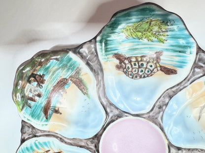 Antique Oyster Plate Hand Painted Boat Coral Seascape 6 Well Raised Shell A658