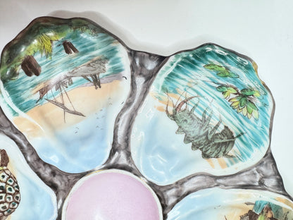Antique Oyster Plate Hand Painted Boat Coral Seascape 6 Well Raised Shell A658