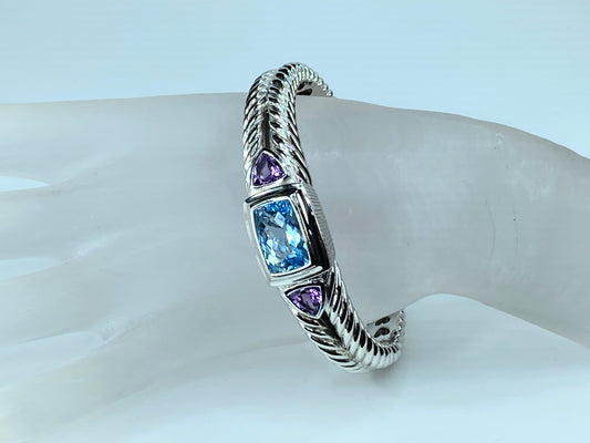 Judith Ripka Sterling Silver Blue Topaz Amethyst cuff bracelet 56g s7 JR8816