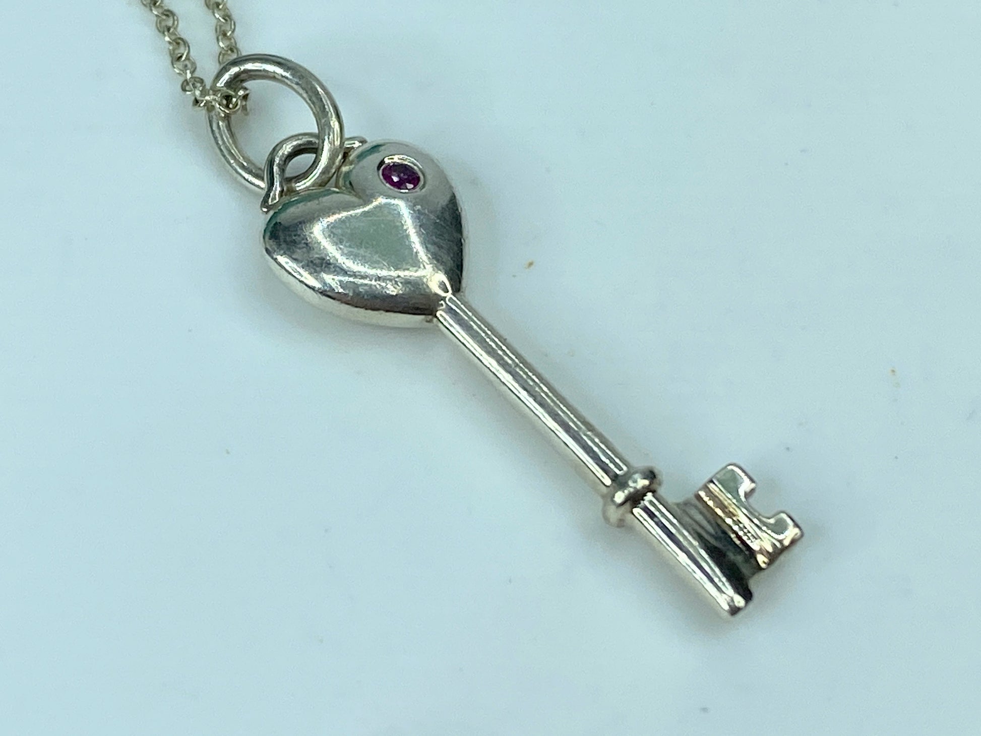Tiffany & Co. sterling silver Ruby Puffy Heart Love Key pendant necklace JR577