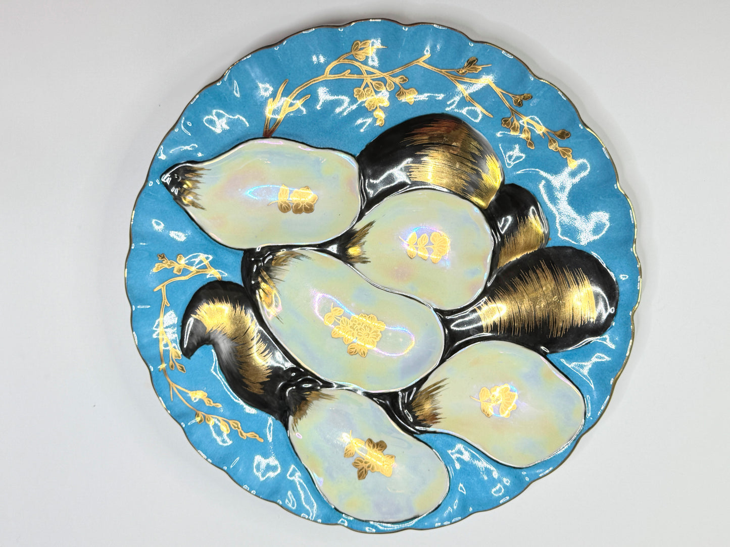Antique Limoges Oyster Plate Turkey Iridescent & Gold Gilt Mussel Shells A660