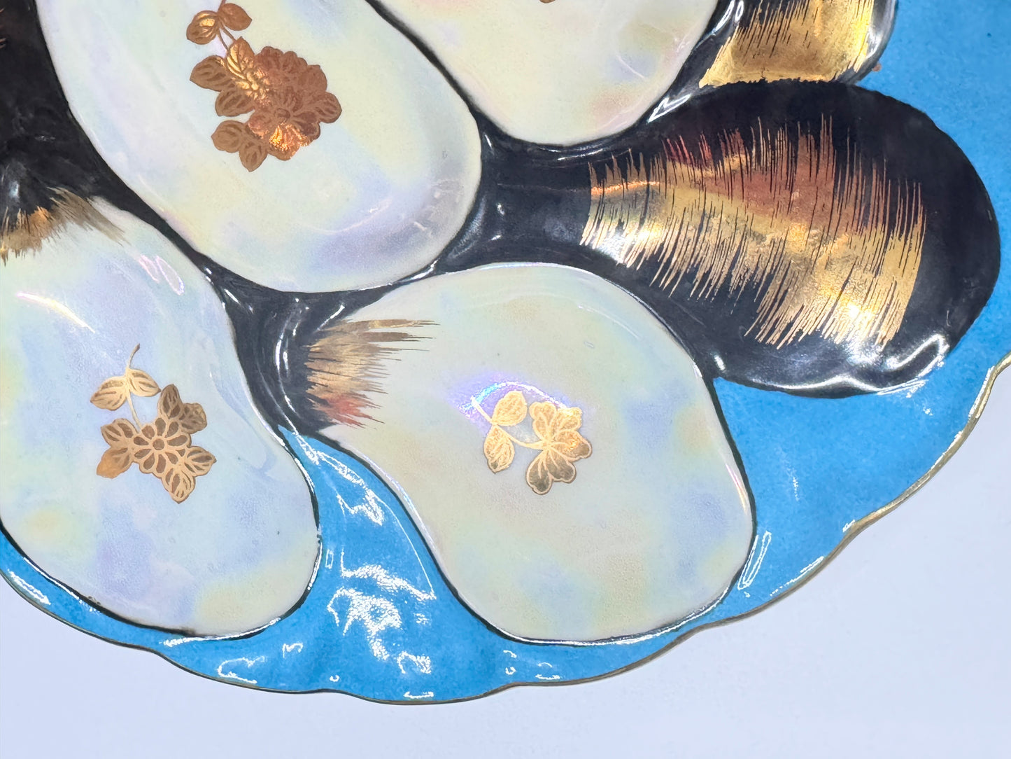 Antique Limoges Oyster Plate Turkey Iridescent & Gold Gilt Mussel Shells A660