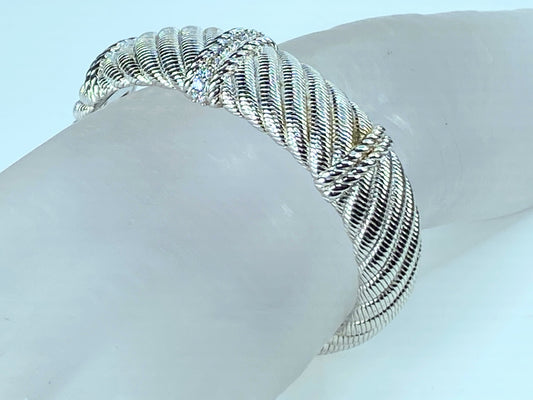 Judith Ripka Sterling Silver Textured CZ Diamonique Hinged Cuff Bracelet