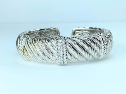 Judith Ripka Sterling Silver Textured CZ Diamonique Hinged Cuff Bracelet