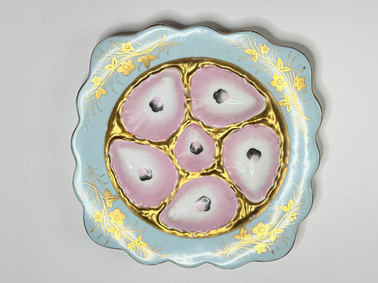 Antique French Limoges Oyster Plate, Pink & Gold, Aqua Ruffer SQ Border, c.1890