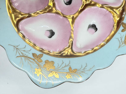Antique French Limoges Oyster Plate, Pink & Gold, Aqua Ruffer SQ Border, c.1890