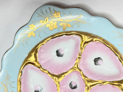 Antique French Limoges Oyster Plate, Pink & Gold, Aqua Ruffer SQ Border, c.1890