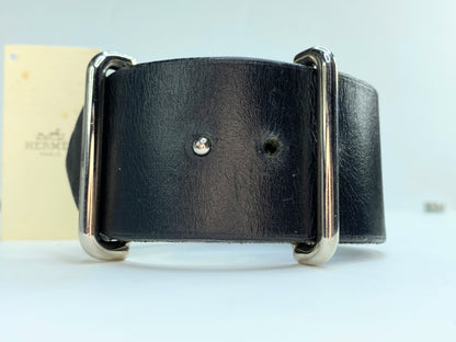 Hermes Black Box Leather Adjustable Wide Cuff Bracelet GS178