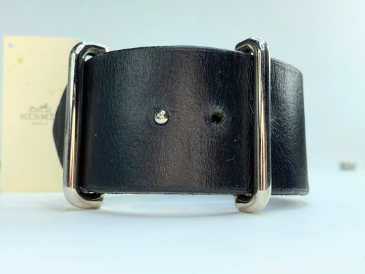 Hermes Black Box Leather Adjustable Wide Cuff Bracelet GS178