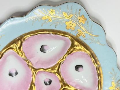 Antique French Limoges Oyster Plate, Pink & Gold, Aqua Ruffer SQ Border, c.1890
