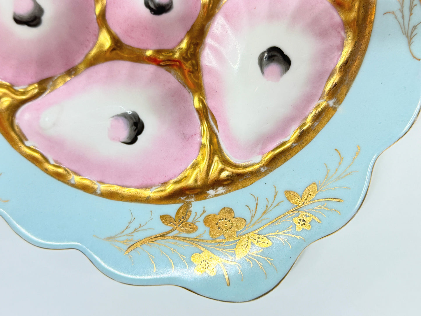 Antique French Limoges Oyster Plate, Pink & Gold, Aqua Ruffer SQ Border, c.1890