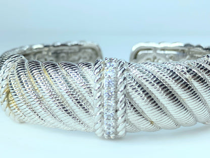 Judith Ripka Sterling Silver Textured CZ Diamonique Hinged Cuff Bracelet