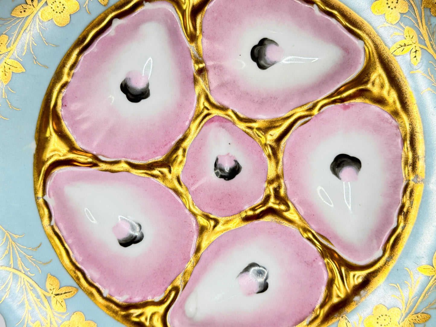 Antique French Limoges Oyster Plate, Pink & Gold, Aqua Ruffer SQ Border, c.1890