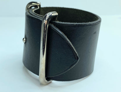 Hermes Black Box Leather Adjustable Wide Cuff Bracelet GS178