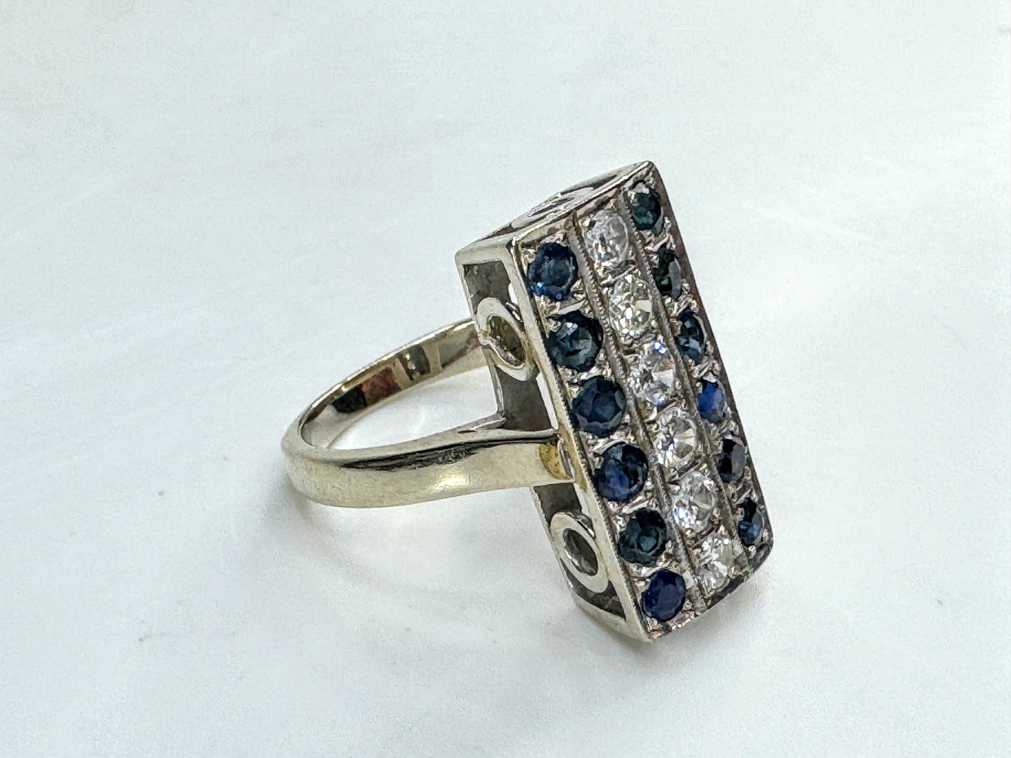 Art Deco 14K White Gold Diamond & Sapphire Ring 1.98 TCW Size 7 JR1852