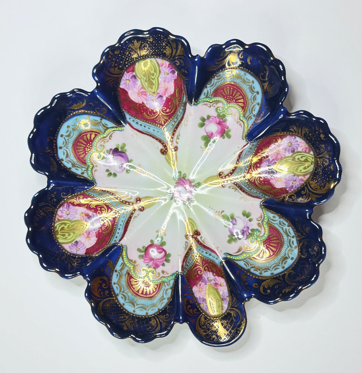 Antique Japanese Satsuma Oyster Plate, Meiji Era, Cobalt & Raised Gold, 8” A663