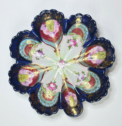 Antique Japanese Satsuma Oyster Plate, Meiji Era, Cobalt & Raised Gold, 8” A663
