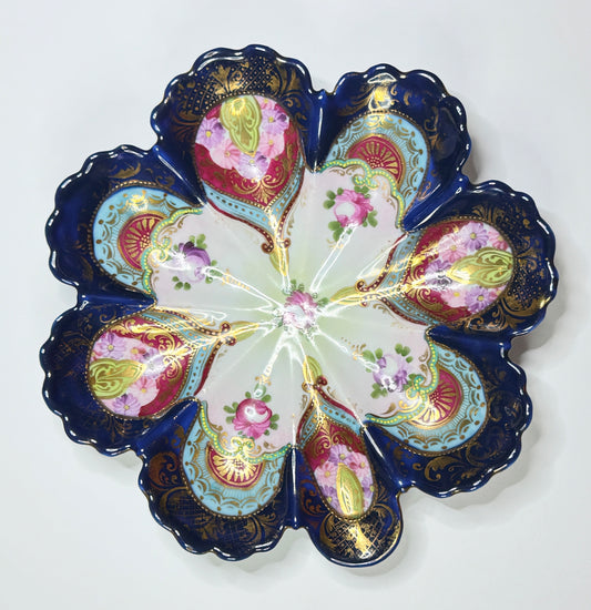 Antique Japanese Satsuma Oyster Plate, Meiji Era, Cobalt & Raised Gold, 8” A663