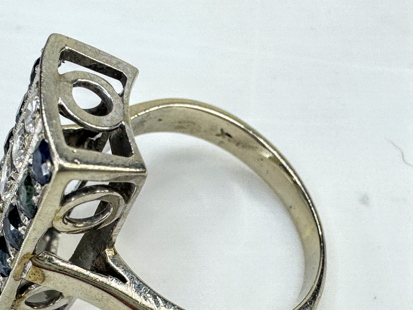 Art Deco 14K White Gold Diamond & Sapphire Ring 1.98 TCW Size 7 JR1852