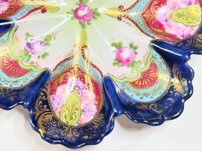 Antique Japanese Satsuma Oyster Plate, Meiji Era, Cobalt & Raised Gold, 8” A663