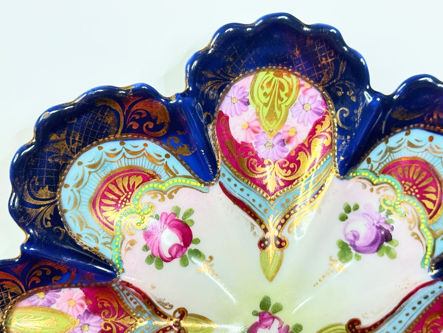 Antique Japanese Satsuma Oyster Plate, Meiji Era, Cobalt & Raised Gold, 8” A663