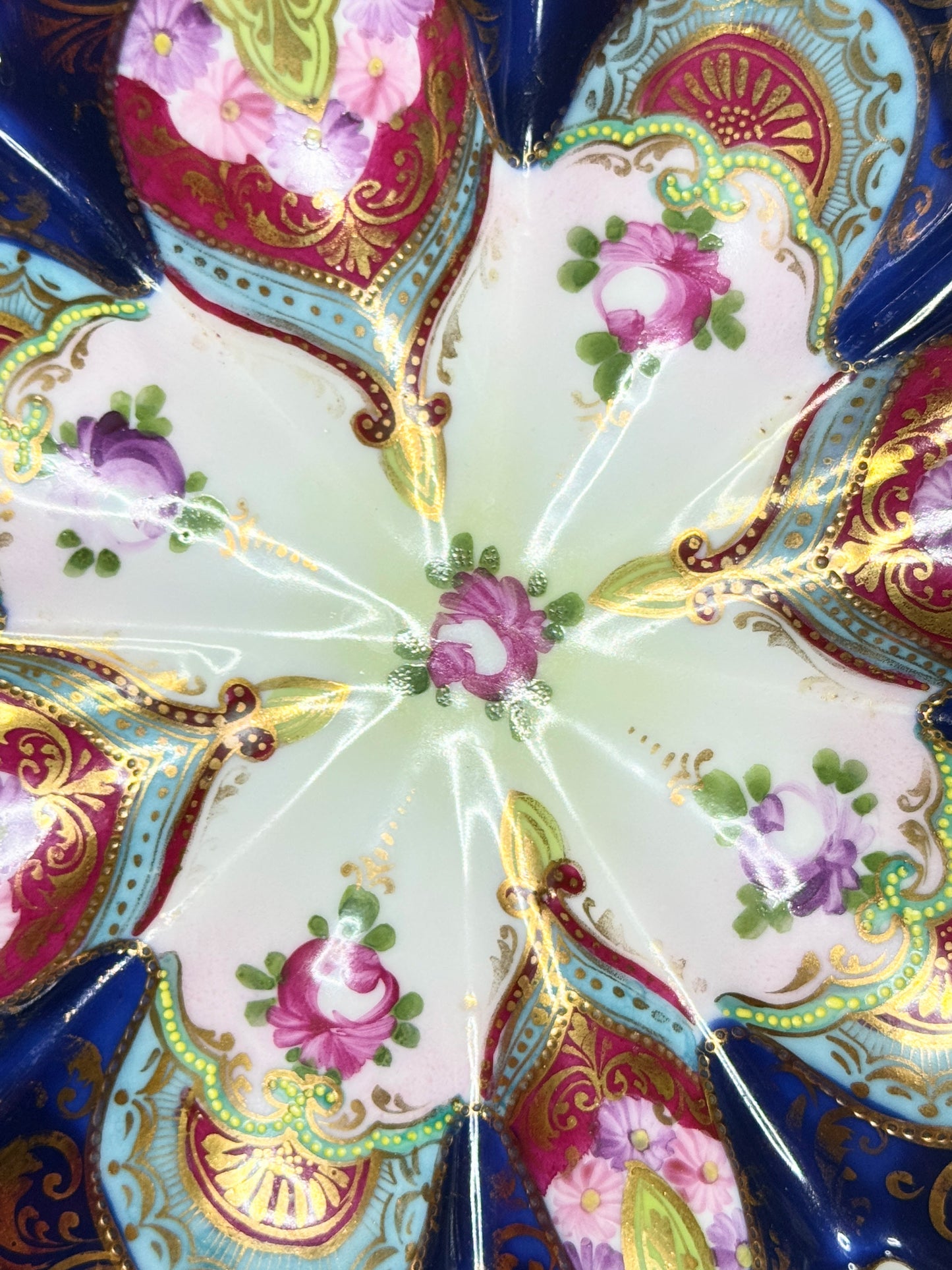 Antique Japanese Satsuma Oyster Plate, Meiji Era, Cobalt & Raised Gold, 8” A663