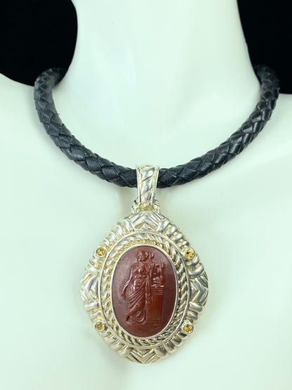 Rare Judith Ripka Sterling Carved Cameo beauty Citrine Leather necklace