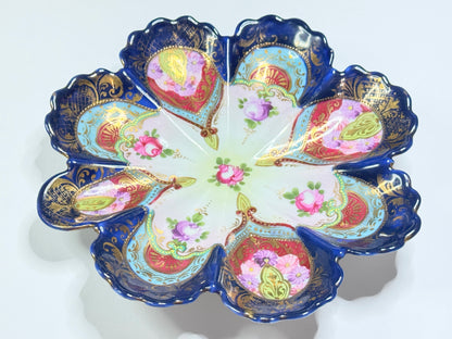 Antique Japanese Satsuma Oyster Plate, Meiji Era, Cobalt & Raised Gold, 8” A663