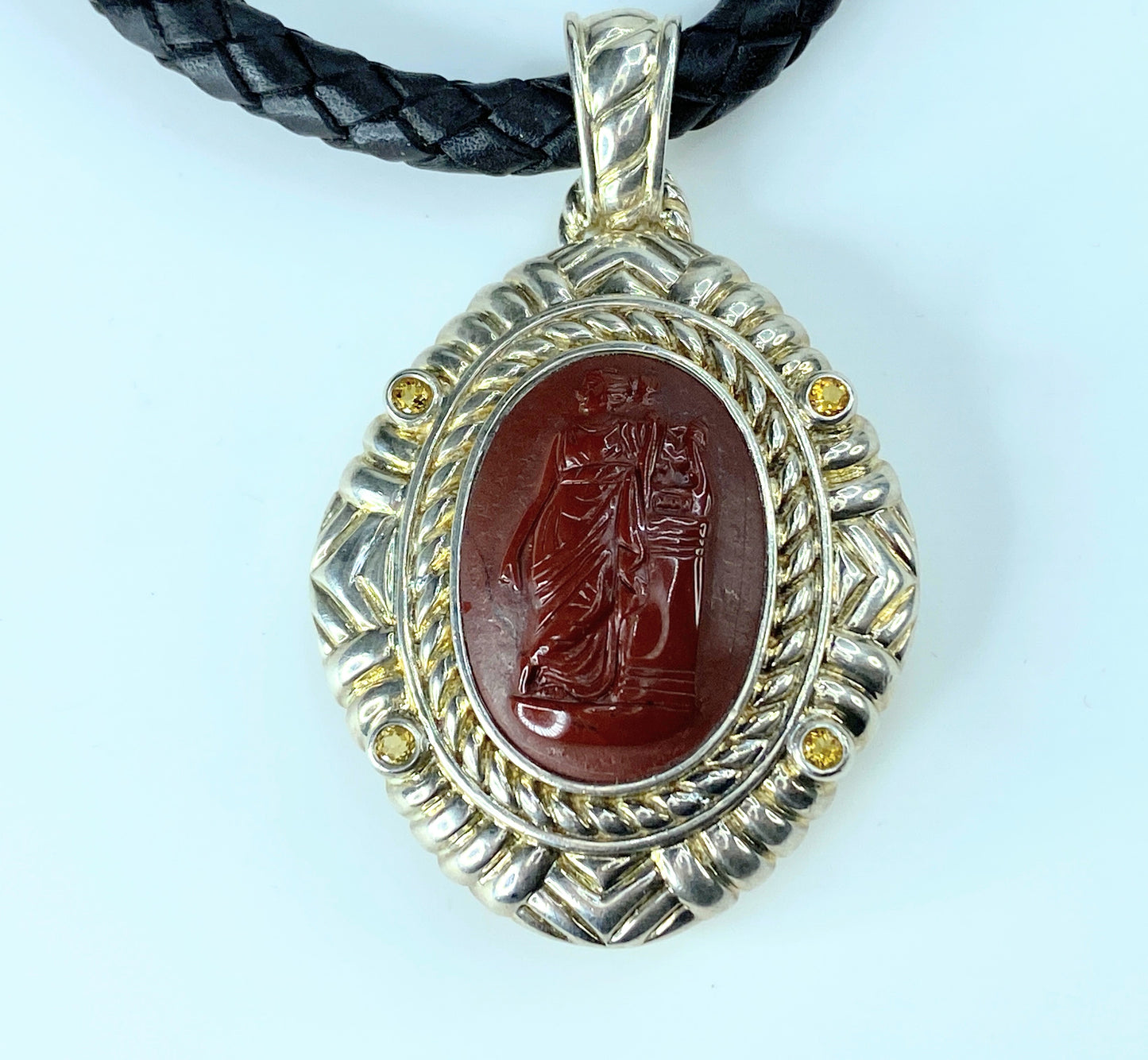 Rare Judith Ripka Sterling Carved Cameo beauty Citrine Leather necklace