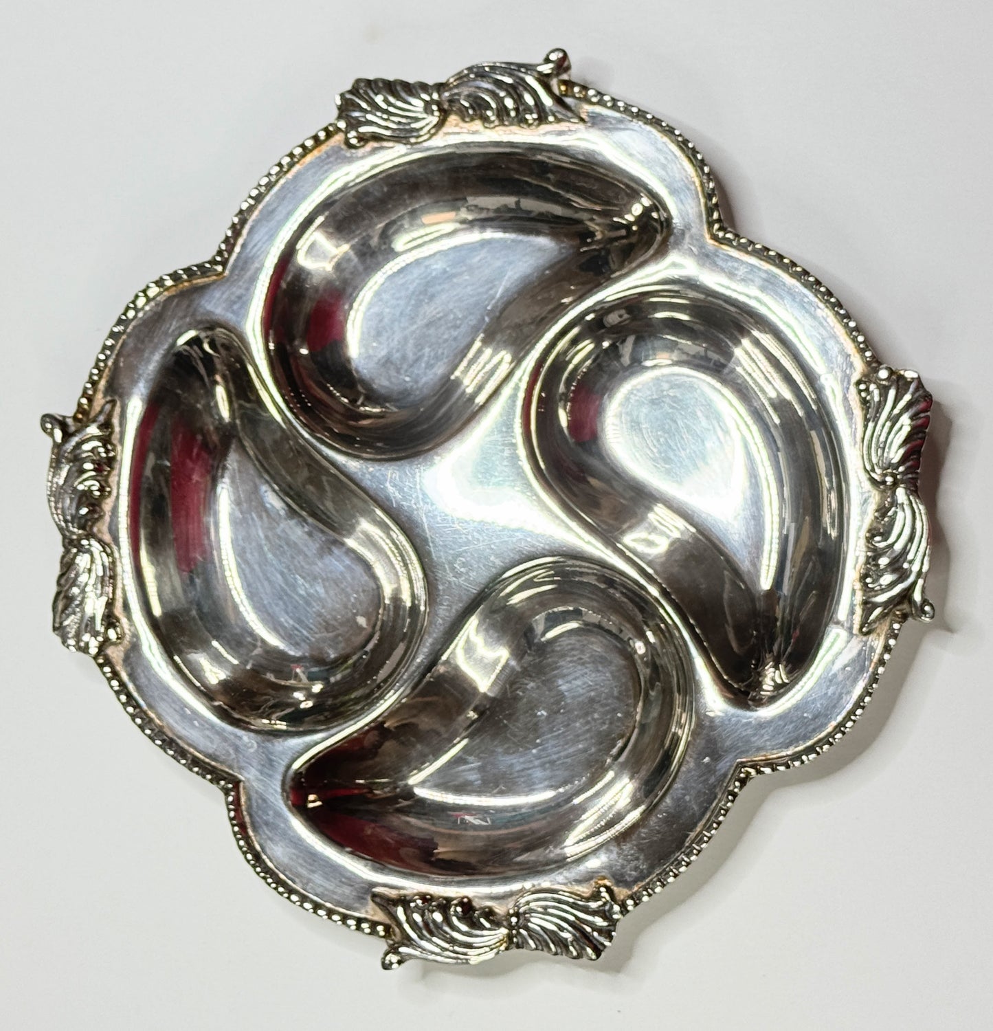 Vintage Metal Oyster Plate 8” – Four Wells Heavy Silverplate Serving Dish A664