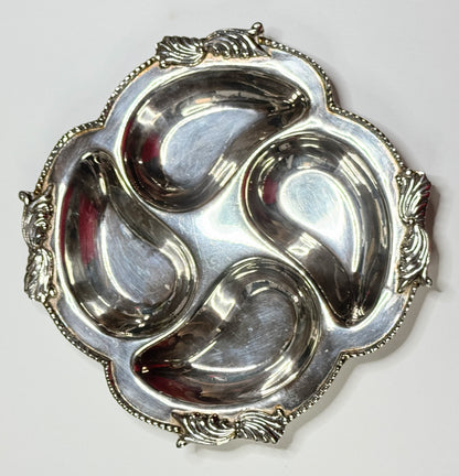 Vintage Metal Oyster Plate 8” – Four Wells Heavy Silverplate Serving Dish A664