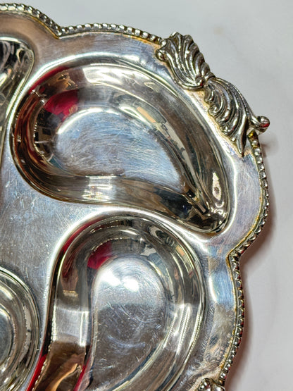 Vintage Metal Oyster Plate 8” – Four Wells Heavy Silverplate Serving Dish A664