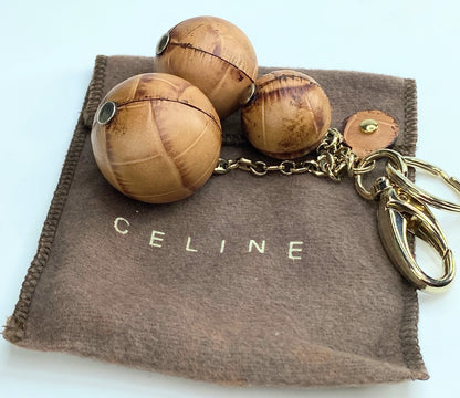 Celine RARE brown Leather Balls gold tone key ring holder in bag GS177