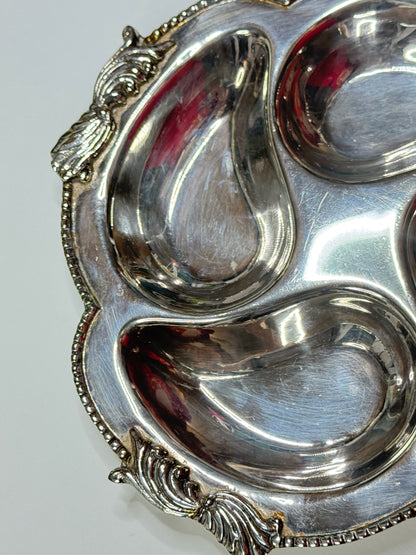 Vintage Metal Oyster Plate 8” – Four Wells Heavy Silverplate Serving Dish A664