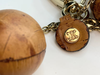 Celine RARE brown Leather Balls gold tone key ring holder in bag GS177