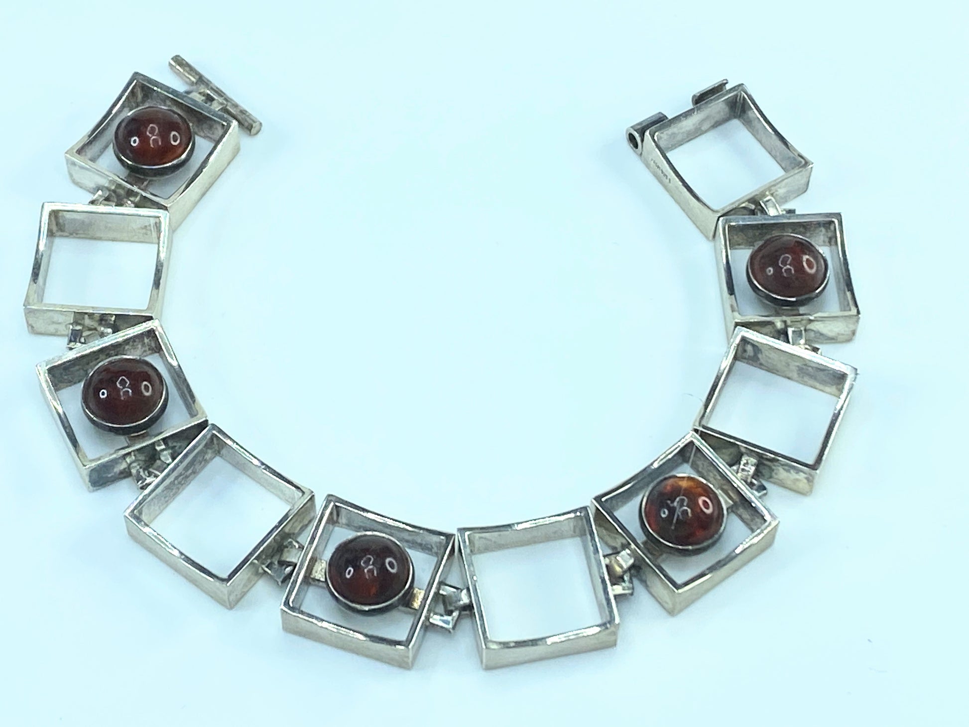 ROM Sterling 925 Round Cognac Amber cabochon Square Link bracelet