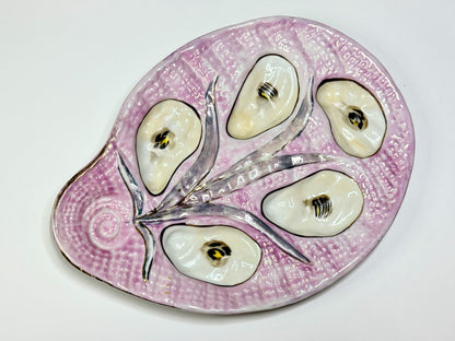 Antique French Majolica Oyster Plate, Pink Seaweed Design, c.1890 — 10” A665