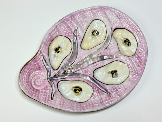 Antique French Majolica Oyster Plate, Pink Seaweed Design, c.1890 — 10” A665