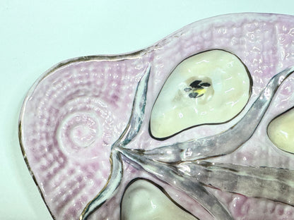 Antique French Majolica Oyster Plate, Pink Seaweed Design, c.1890 — 10” A665
