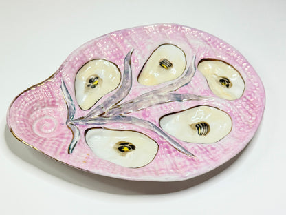 Antique French Majolica Oyster Plate, Pink Seaweed Design, c.1890 — 10” A665