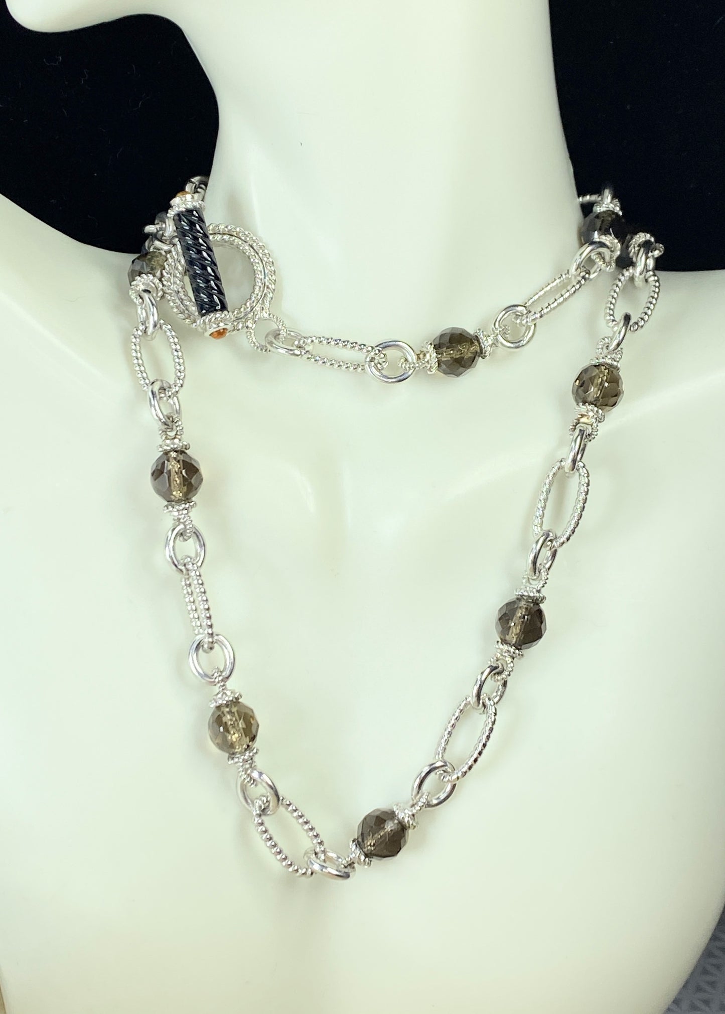 Judith Ripka Sterling Silver Smoky Quartz Beads Toggle texture necklace