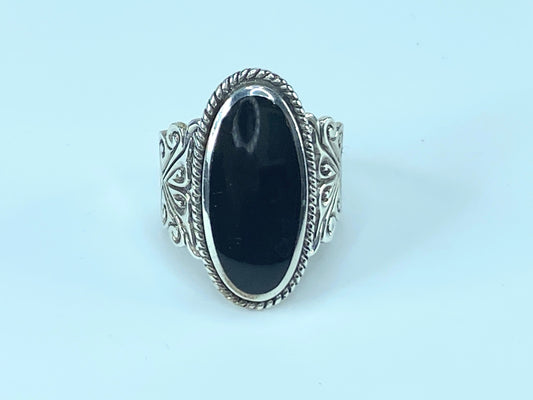 Sterling Silver oval Onyx cabochon rope link scroll shank ring 10.4g s9.