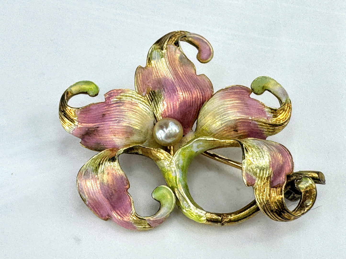 Antique Art Nouveau 14K Gold Enamel Pearl Floral Brooch Pin  5.5g 1 1/4" JR1861