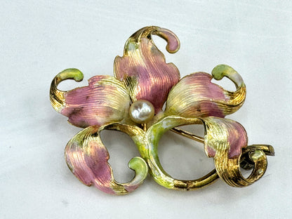 Antique Art Nouveau 14K Gold Enamel Pearl Floral Brooch Pin  5.5g 1 1/4" JR1861