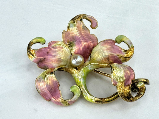 Antique Art Nouveau 14K Gold Enamel Pearl Floral Brooch Pin  5.5g 1 1/4" JR1861
