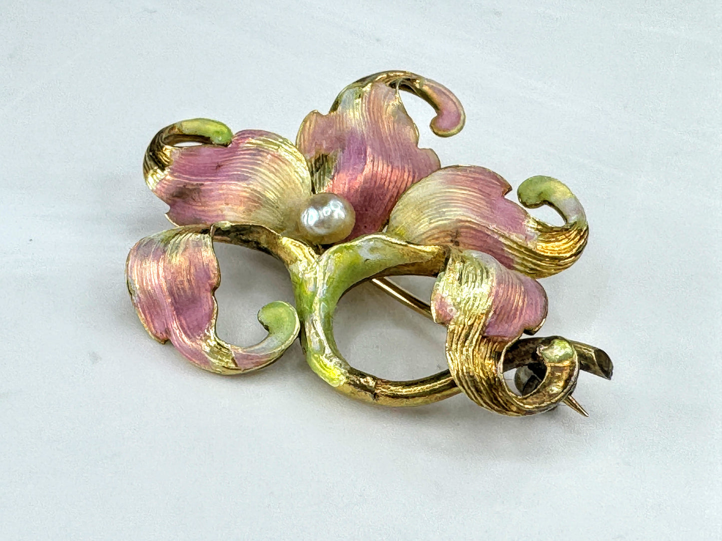 Antique Art Nouveau 14K Gold Enamel Pearl Floral Brooch Pin  5.5g 1 1/4" JR1861
