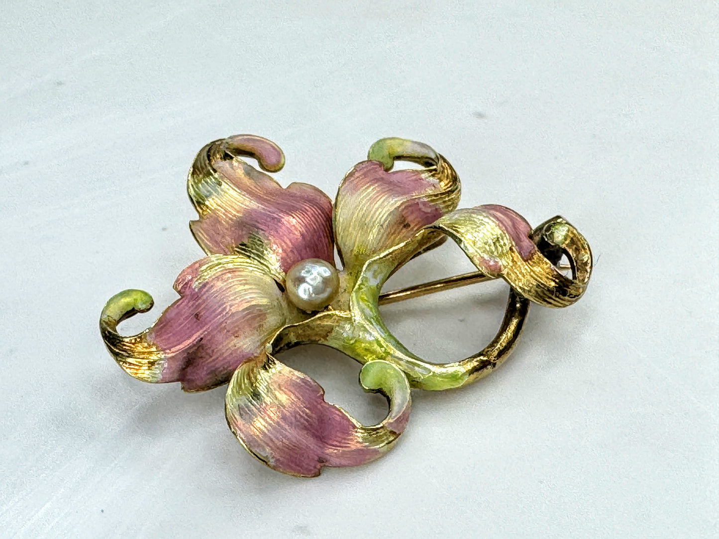 Antique Art Nouveau 14K Gold Enamel Pearl Floral Brooch Pin  5.5g 1 1/4" JR1861